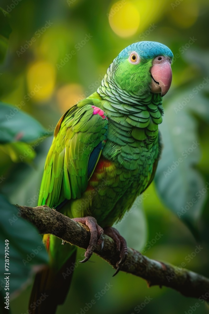 Blue-Naped Parrot with Emerald Feathers on Tree Branch in Rainforest