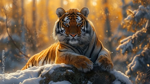 Majestic Tiger Atop Stone, Amber Eyes in Golden Sunlit Winter Forest, with Vibrant Orange Fur and Bold Black Stripes Against Dense Pine Trees.
