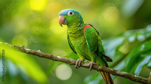 Keen-Eyed Blue-Naped Parrot on Slender Branch Amidst Verdant Foliage