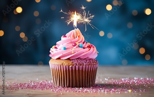 a birthday cake or muffin adorned with lights against a vibrant pink background.