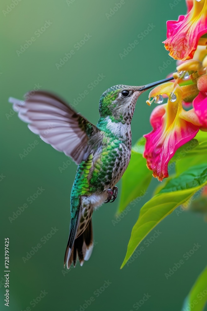 Obraz premium Hummingbird Feeding on Pink and Yellow Flower in Mid-Air Close-Up