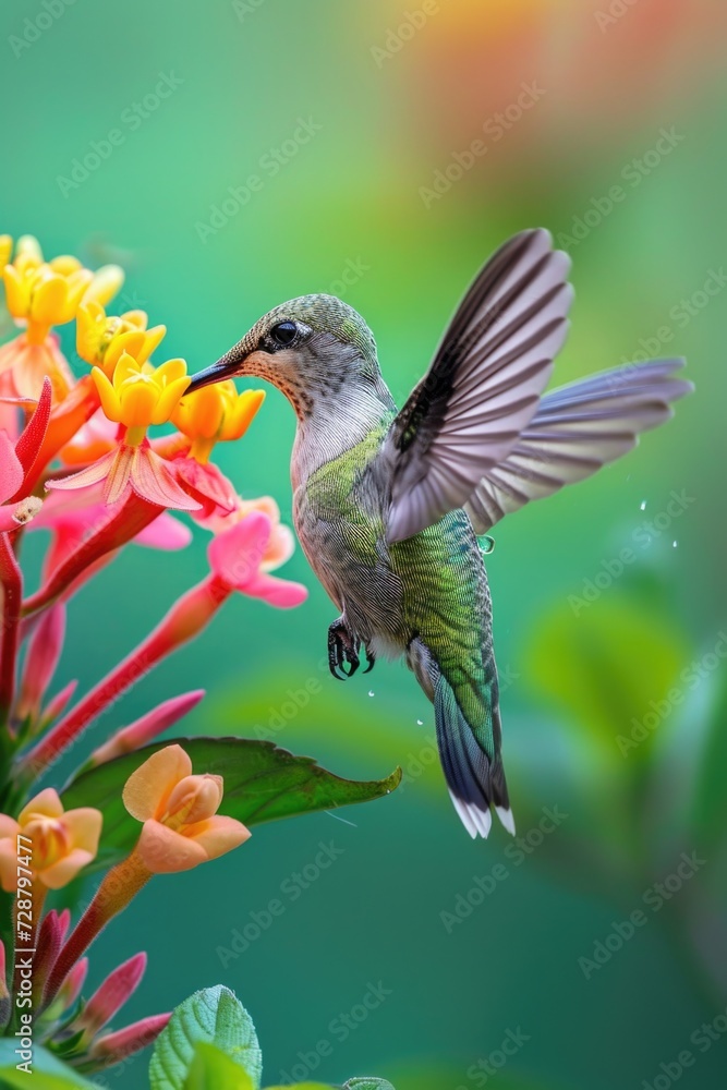 Obraz premium Iridescent Green Hummingbird Dipping Beak into Bloom with Blurred Wings