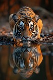 Tiger's Concentrated Drink from Water Pool, Muscles Rippling, in Golden Dusk Light