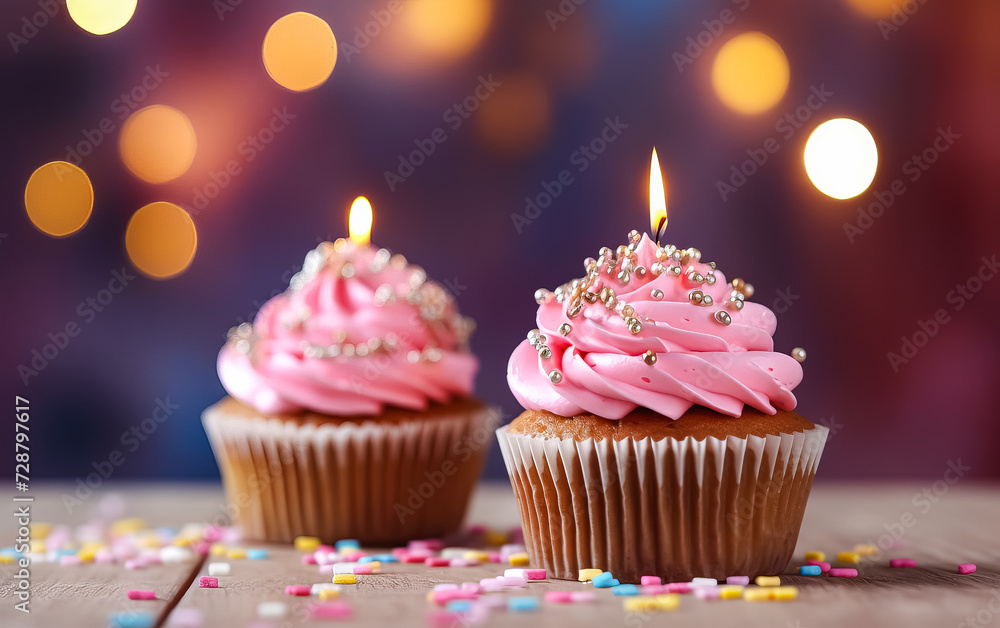a birthday cake or muffin adorned with lights against a vibrant pink background. a birthday cake or muffin adorned with lights against a vibrant pink background.