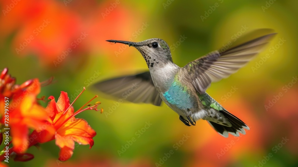 Naklejka premium Mid-Flight Fiery-Throated Hummingbird with Outstretched Wings Near Orange Blooms