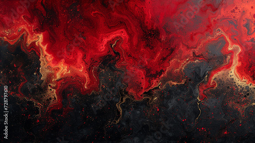 A bold and striking abstract painting on a marble slab with red and black colors, resembling a fire. 