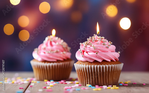 a birthday cake or muffin adorned with lights against a vibrant pink background. © Алла Морозова