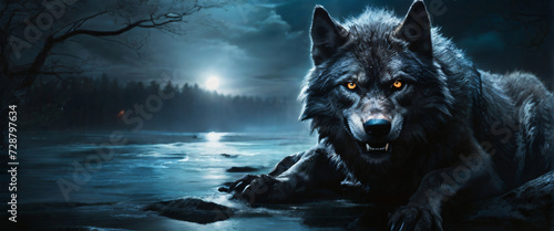 a bewitching werewolf with an enchanting sheen becomes the focal point of a haunting long exposure photograph. The subject of this captivating image is a werewolf, portrayed as lustrous and radiant photo