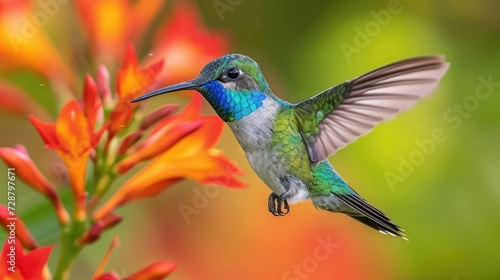 Mid-Flight Fiery-Throated Hummingbird with Outstretched Wings Near Orange Blooms © Landscape Planet