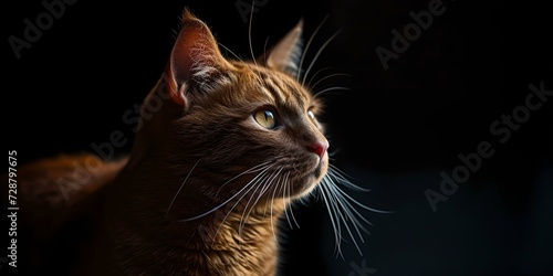 Majestic ginger cat gazing intently in a dark setting. perfect for pet lovers. ideal for animal-themed content. high-quality, portrait style photo. AI