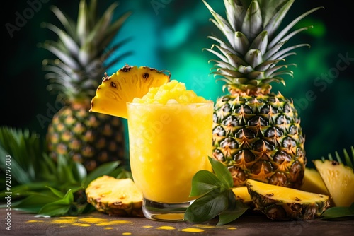Fresh pineapple juice in glass with ripe pineapple - tropical refreshment for health and hydration