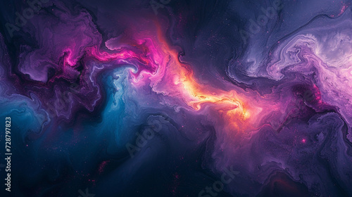 A celestial collision of deep purples, cosmic blues, and radiant pinks unfolding on a marble canvas, reminiscent of a distant galaxy. 