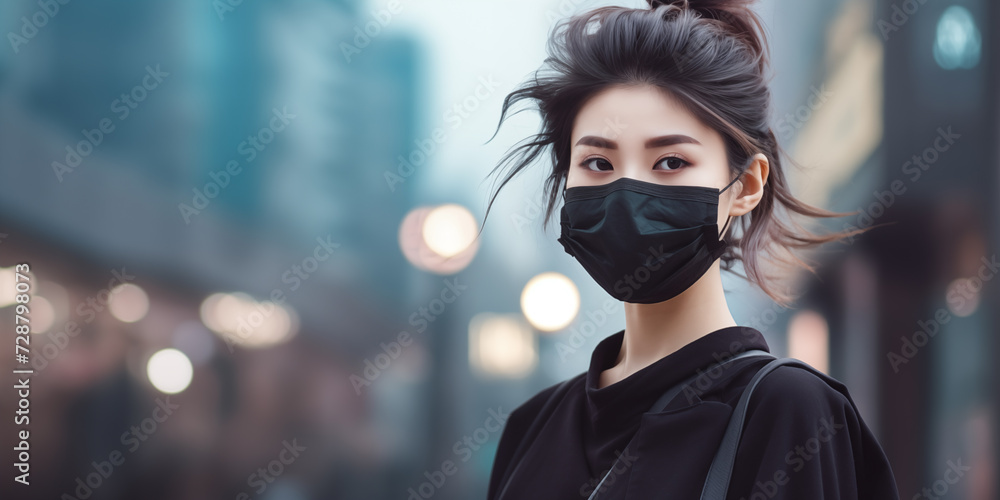 Asian woman wearing a medical mask in the city Asian woman wearing a medical mask in the city