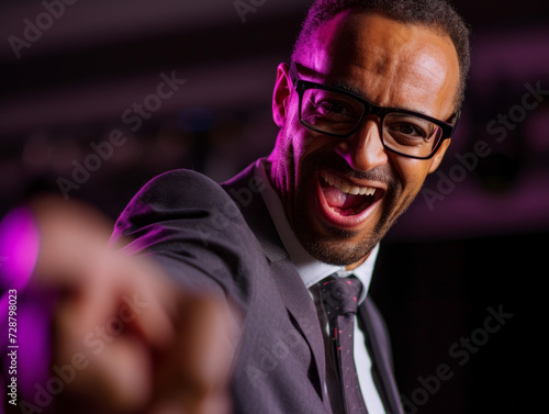 Closeup Portrait of a motivational speaker at a conference, expressing enthusiasm, .