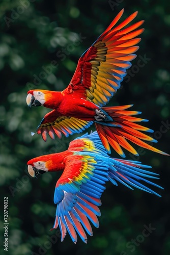 Two Scarlet Macaws Soaring, Wings Fully Extended in Colorful Display © Landscape Planet