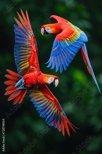 Two Scarlet Macaws Soaring, Wings Fully Extended in Colorful Display