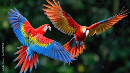 Scarlet Macaws in Flight: Vivid Red, Blue, and Yellow Wings Spread Wide © Landscape Planet