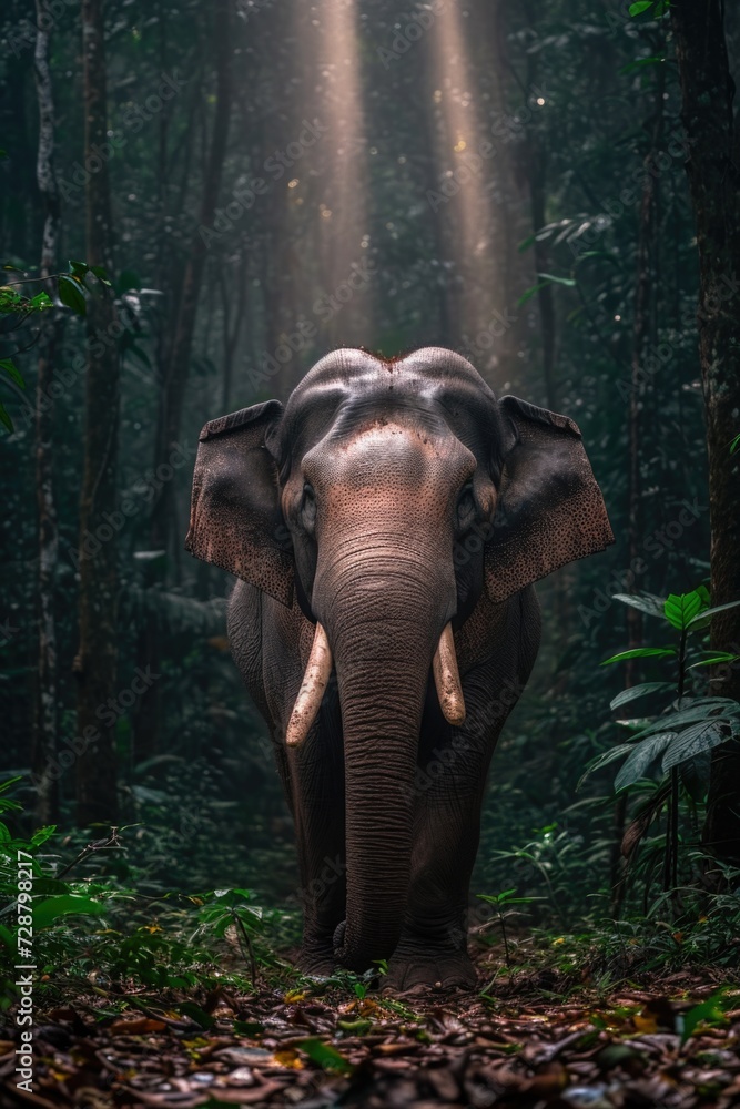 Fototapeta premium Asiatic Elephant in Misty Forest Clearing with Rays of Light