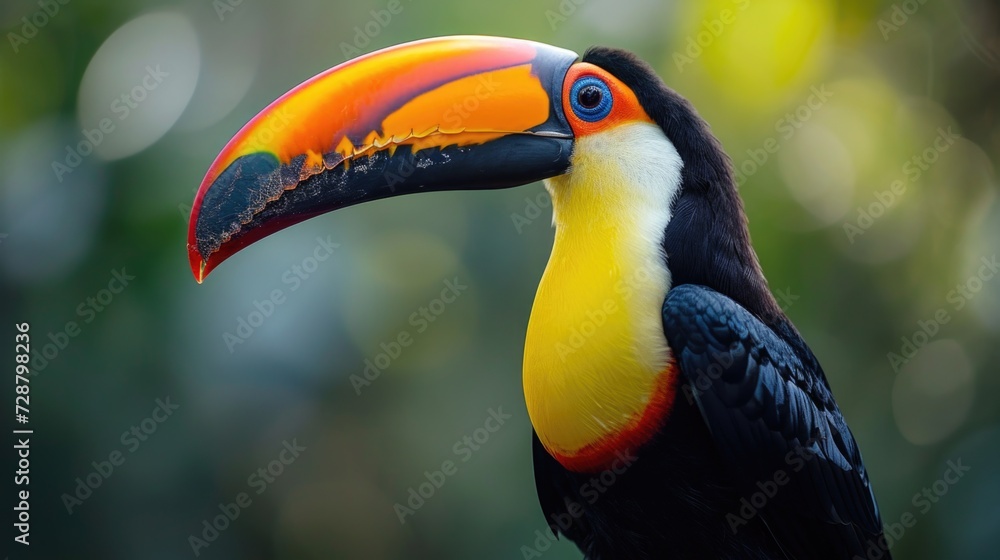 Fototapeta premium Toucan Close-Up with Multicolored Beak Open in Tropical Setting