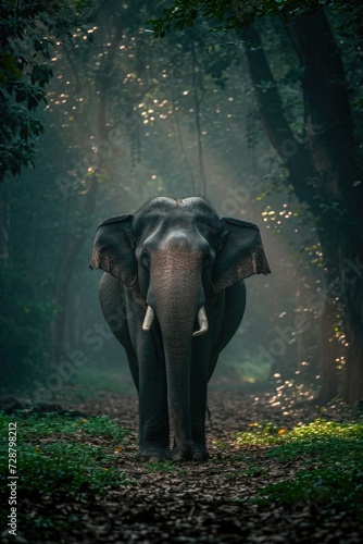Majestic Elephant with Wrinkled Skin in Ethereal Forest Mist