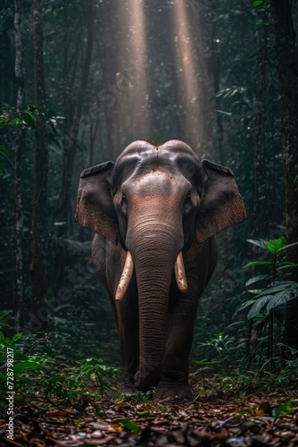 Asiatic Elephant in Misty Forest Clearing with Rays of Light