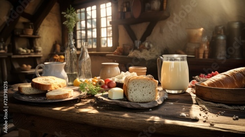 A table filled with bread, milk, butter, and fruit, all in rustic dishes, with a window behind it.
