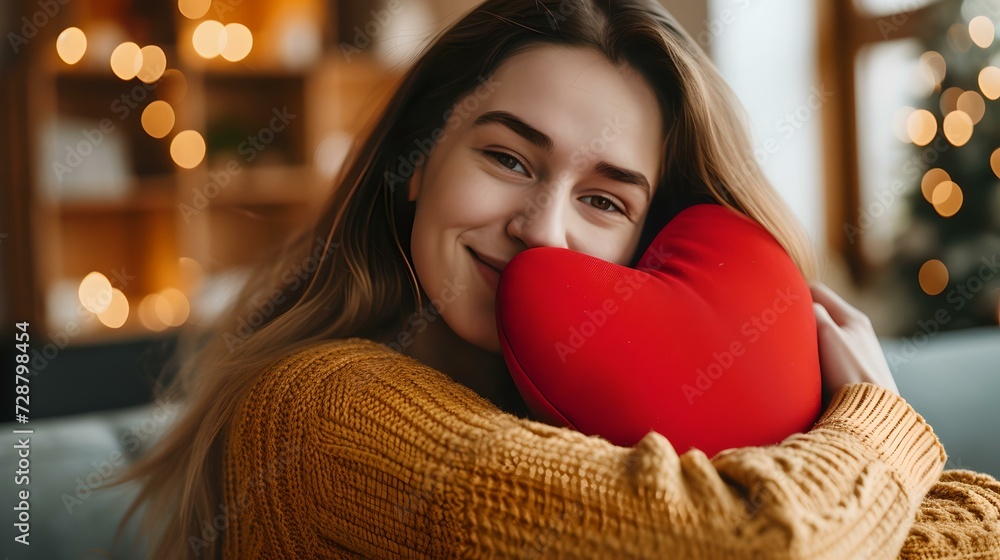 Cheerful young woman in a cozy sweater hugging a red heart-shaped pillow. love and comfort concept suitable for various projects. AI Cheerful young woman in a cozy sweater hugging a red heart-shaped pillow. love and comfort concept suitable for various projects. AI