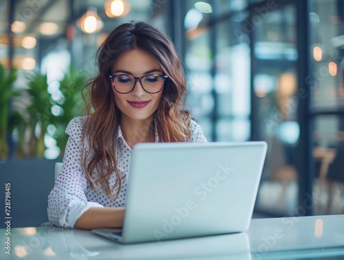 Confident businesswoman working on laptop at her workplace at modern office.Blurred background