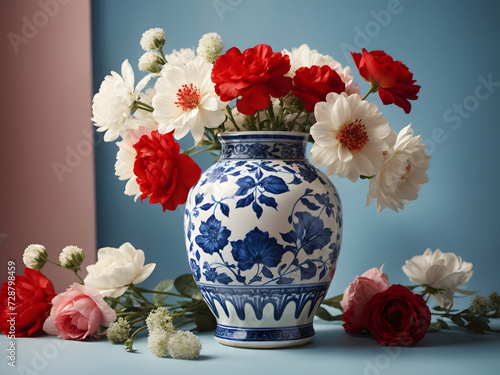Futuristic image of a blue and white vase with red and white flowers on a pastel background design. © Mahmud