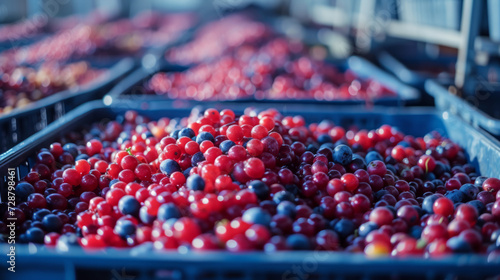 Ready-to-ship berries stored in a cold warehouse. Photo footage for advertising berry products. Jam  syrup  vinegar production in a berry processing facility.