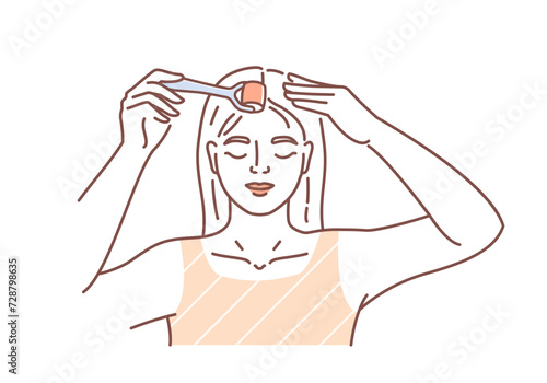 Scalp treatment linear concept. Skin care and SPA procedures. Beauty young girl with massage roller for blonde hairs. Cosmetics products. Doodle flat vector illustration isolated on white background