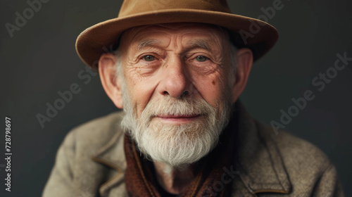 Portrait of an Elderly Man with a classic hat on Gray Studio Background.