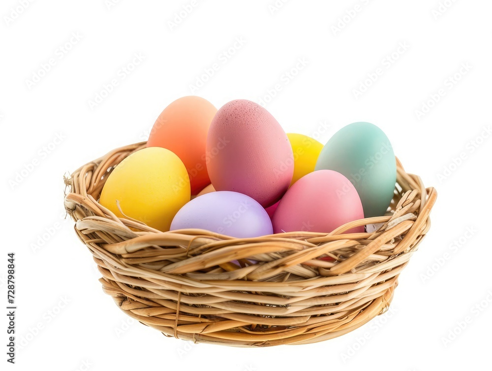 Multi colors Easter eggs in the woven basket isolated on white background with clipping path. Pastel color Easter eggs