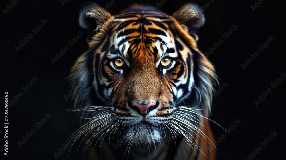 Obraz premium Close-Up of Bengal Tiger's Face with Intricate Fur Pattern in Darkness