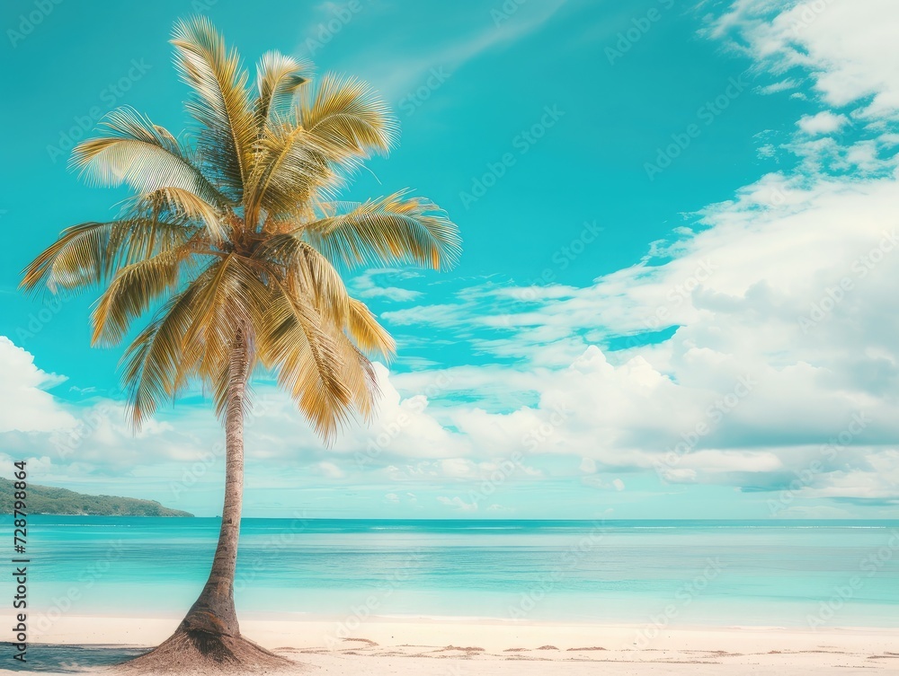 Palm tree on tropical beach with blue sky and white clouds abstract background. Copy space of summer vacation and business travel concept. Vintage tone filter effect color style