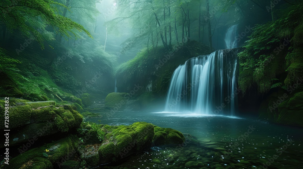 Panoramic beautiful deep forest waterfall