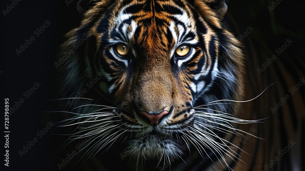 Fototapeta premium Bengal Tiger Face Emerging from Darkness with Piercing Golden Eyes
