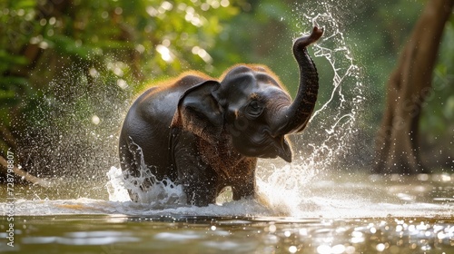 Asian Elephant Joyfully Splashing Water at Watering Hole