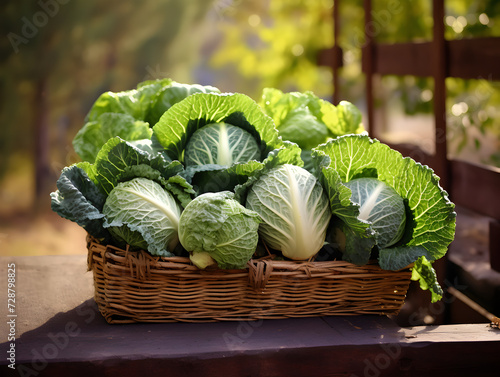 Green cabbage in wooden basket, blurry green garden background 