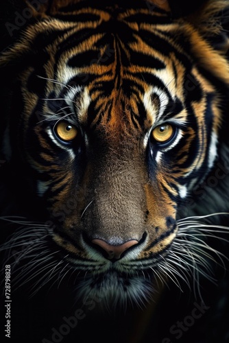 Close-Up of Bengal Tiger's Face with Intricate Fur Pattern in Darkness