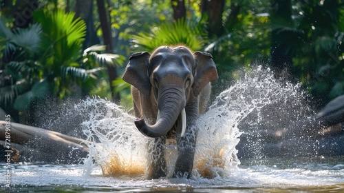 Joyous Asian Elephant Splashing in Natural Watering Hole with Lush Backdrop