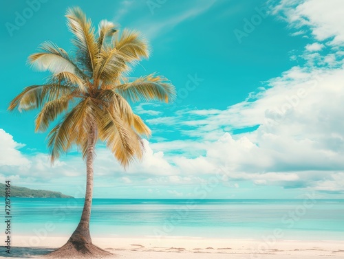 Palm tree on tropical beach with blue sky and white clouds abstract background. Copy space of summer vacation and business travel concept. Vintage tone filter effect color style © buraratn