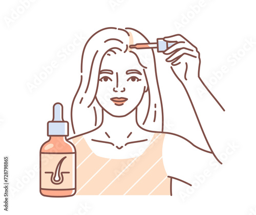 Scalp treatment linear concept. Skin care and SPA procedures. Beauty young girl with blonde hairs. Cosmetics products. Template and layout. Doodle flat vector illustration isolated on white background