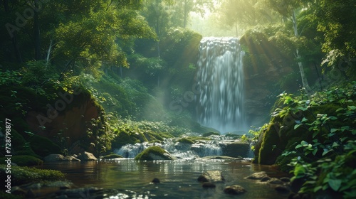 Panoramic beautiful deep forest waterfall