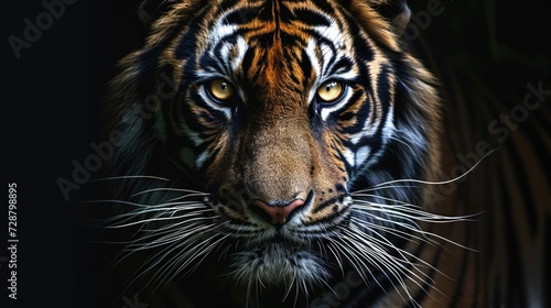 Bengal Tiger Face Emerging from Darkness with Piercing Golden Eyes