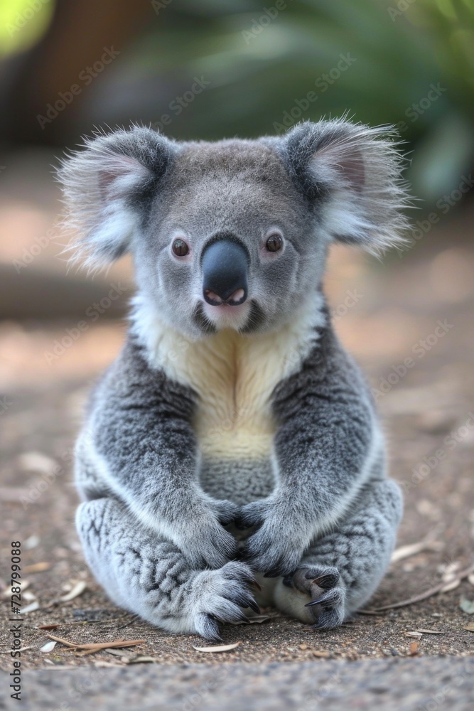 Naklejka premium Juvenile Koala with Fluffy Ears Sitting on Ground: Portrait of Innocence