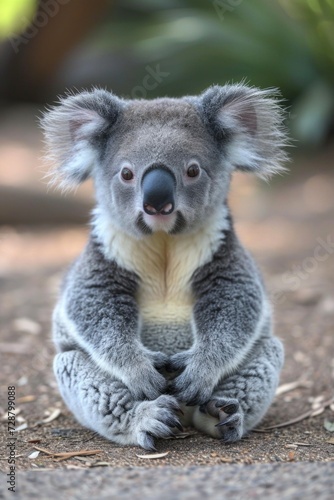Juvenile Koala with Fluffy Ears Sitting on Ground: Portrait of Innocence