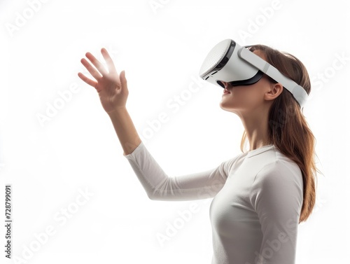 Beautiful woman touching air during the VR experience isolated on white.