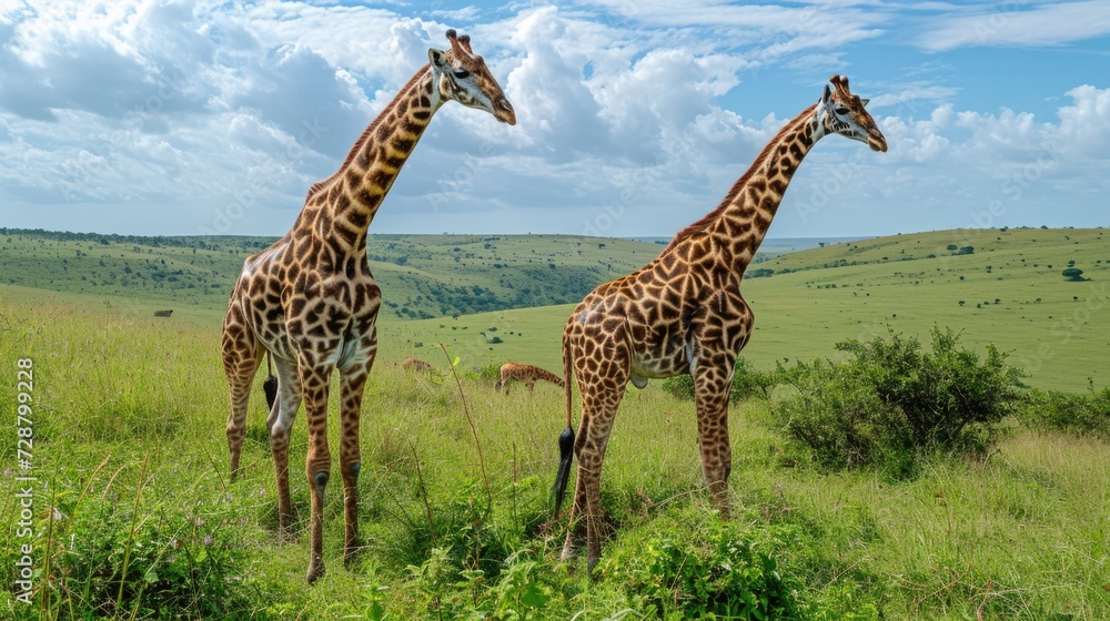 Obraz premium Two Giraffes in Lush Savanna: Front and Profile Views Against Green Hills