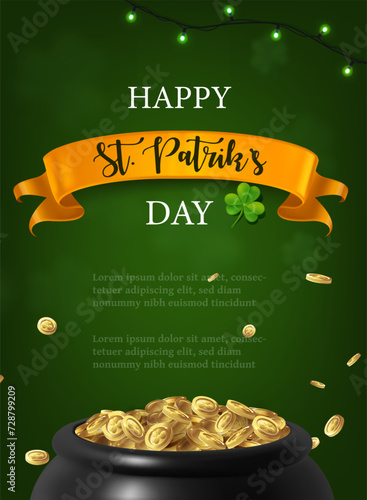St. Patrick's Day banner. realistic vector illustration. Couldron filled with golden shamrock coins on green background.